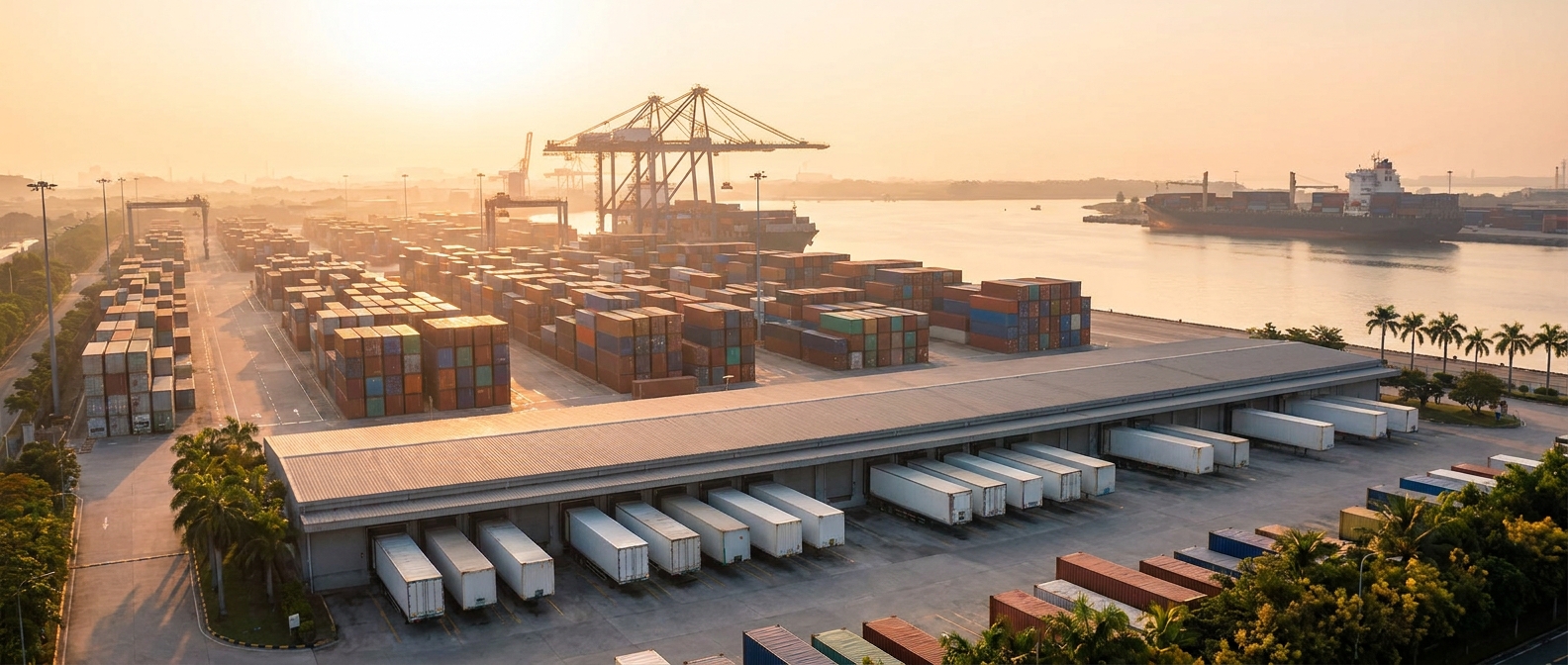 Sunset over a busy shipping port with stacked cargo containers, cranes, and loading docks along the water.
