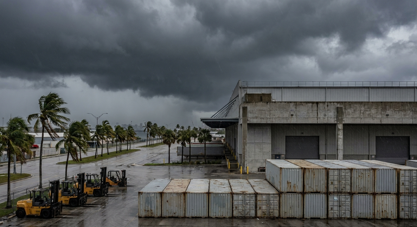 Industrial loading yard with rusted shipping containers stacked near a concrete warehouse as dark storm clouds loom and rain falls on a wet road.