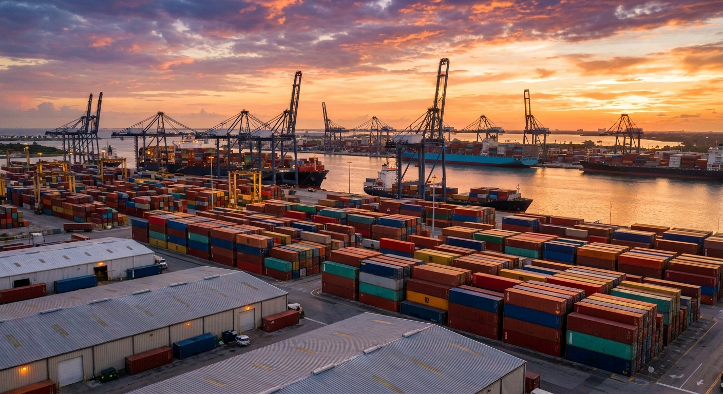 Sunset over a busy container port with stacked colorful crates and tall gantry cranes along the water.